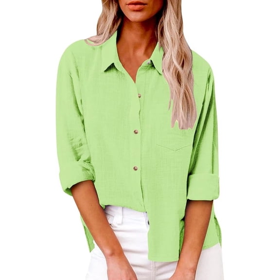 Women’s Casual Cotton Linen Button Down Blouse Long Sleeve with Front Pocket Lapel Button Down Shirt Lightweight Breathable Fall/Winter Tops Loose Casual Blouses Clothes