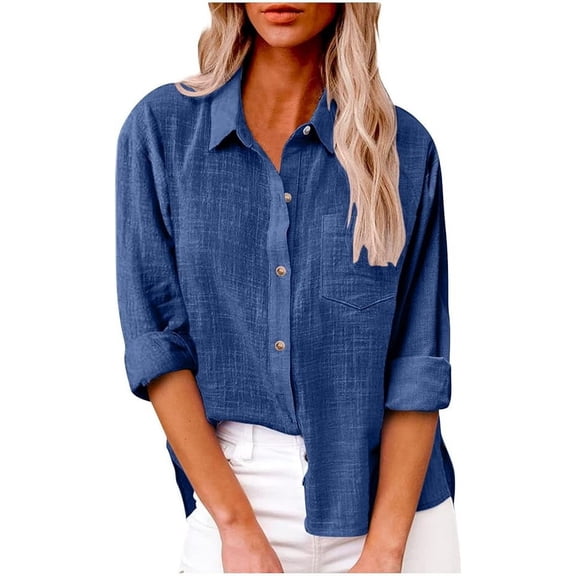 Women’s Casual Cotton Linen Button Down Blouse Long Sleeve with Front Pocket Lapel Button Down Shirt Lightweight Breathable Fall/Winter Tops Loose Casual Blouses Clothes