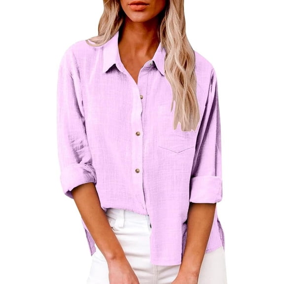Women’s Casual Cotton Linen Button Down Blouse Long Sleeve with Front Pocket Lapel Button Down Shirt Lightweight Breathable Fall/Winter Tops Loose Casual Blouses Clothes