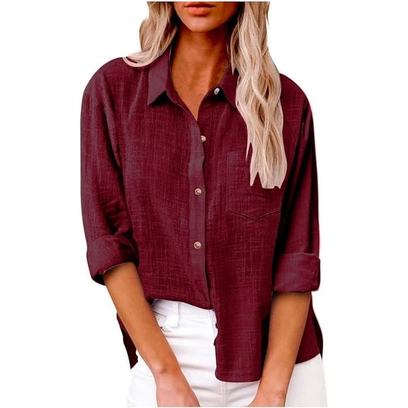 Women’s Casual Cotton Linen Button Down Blouse Long Sleeve with Front Pocket Lapel Button Down Shirt Lightweight Breathable Fall/Winter Tops Loose Casual Blouses Clothes