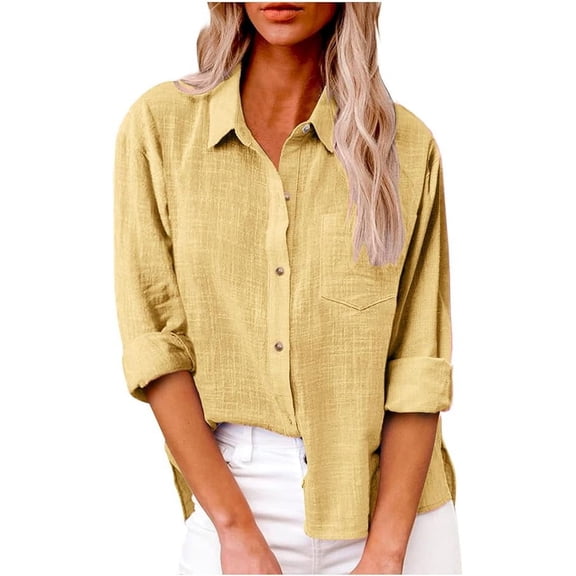 Women’s Casual Cotton Linen Button Down Blouse Long Sleeve with Front Pocket Lapel Button Down Shirt Lightweight Breathable Fall/Winter Tops Loose Casual Blouses Clothes