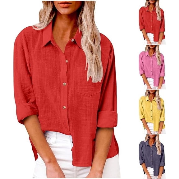 Women’s Casual Cotton Linen Button Down Blouse Long Sleeve with Front Pocket Lapel Button Down Shirt Lightweight Breathable Fall/Winter Tops Loose Casual Blouses Clothes