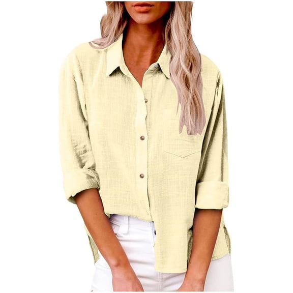 Women’s Casual Cotton Linen Button Down Blouse Long Sleeve with Front Pocket Lapel Button Down Shirt Lightweight Breathable Fall/Winter Tops Loose Casual Blouses Clothes