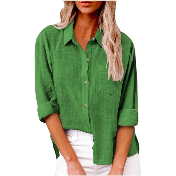 Women’s Casual Cotton Linen Button Down Blouse Long Sleeve with Front Pocket Lapel Button Down Shirt Lightweight Breathable Fall/Winter Tops Loose Casual Blouses Clothes