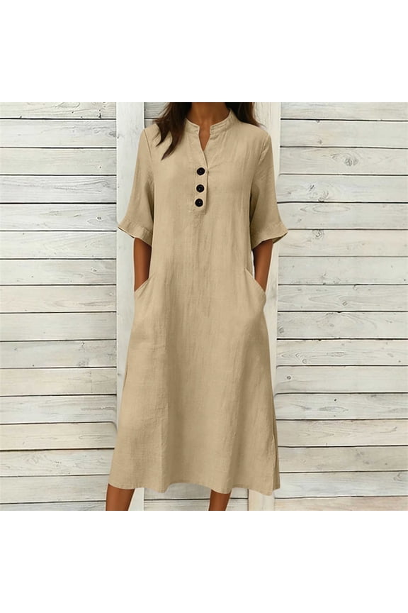Women's Casual Cotton Linen Midi Shift Dress V Neck Half Sleeve Button Down Loose Fit Tunic Sundress with Pockets Lightweight Breathable Summer
