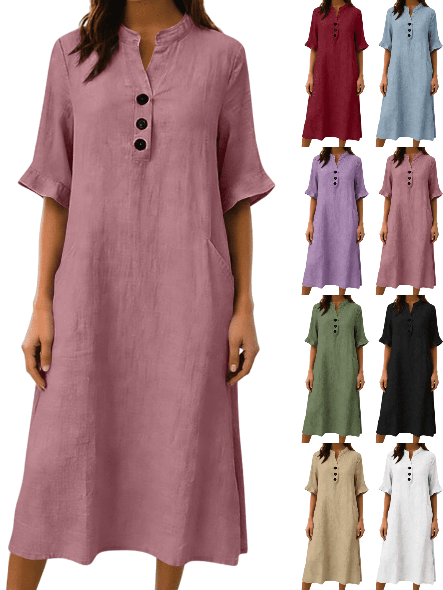 Women's Casual Cotton Linen Midi Shift Dress V Neck Half Sleeve Button ...