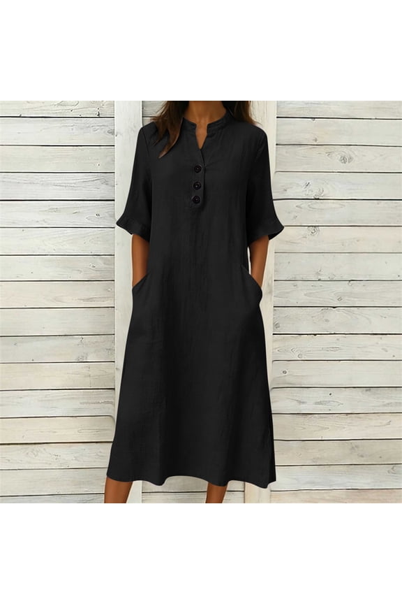 Women's Casual Cotton Linen Midi Shift Dress V Neck Half Sleeve Button Down Loose Fit Tunic Sundress with Pockets Lightweight Breathable Summer