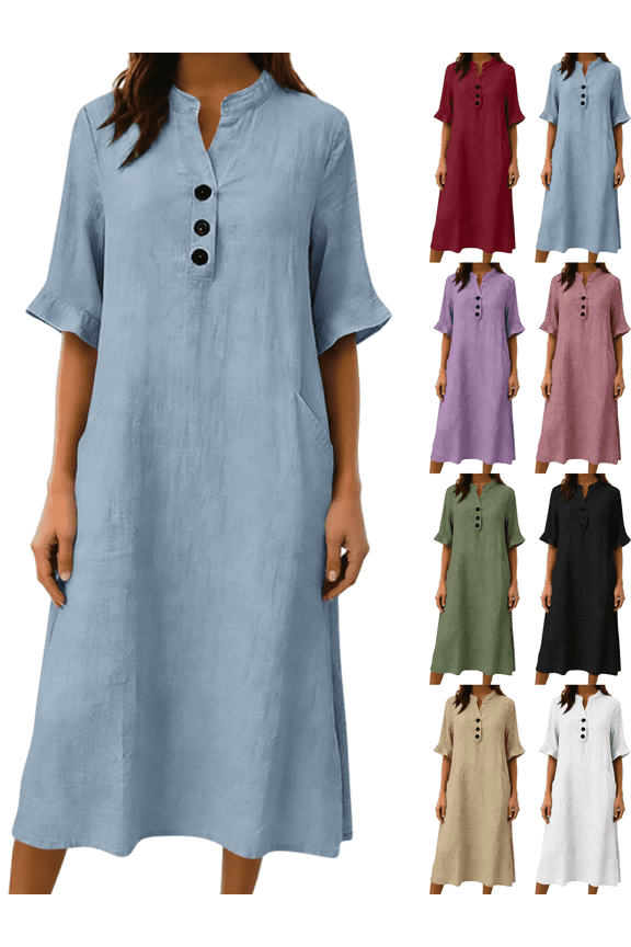 Women's Casual Cotton Linen Midi Shift Dress V Neck Half Sleeve Button Down Loose Fit Tunic Sundress with Pockets Lightweight Breathable Summer