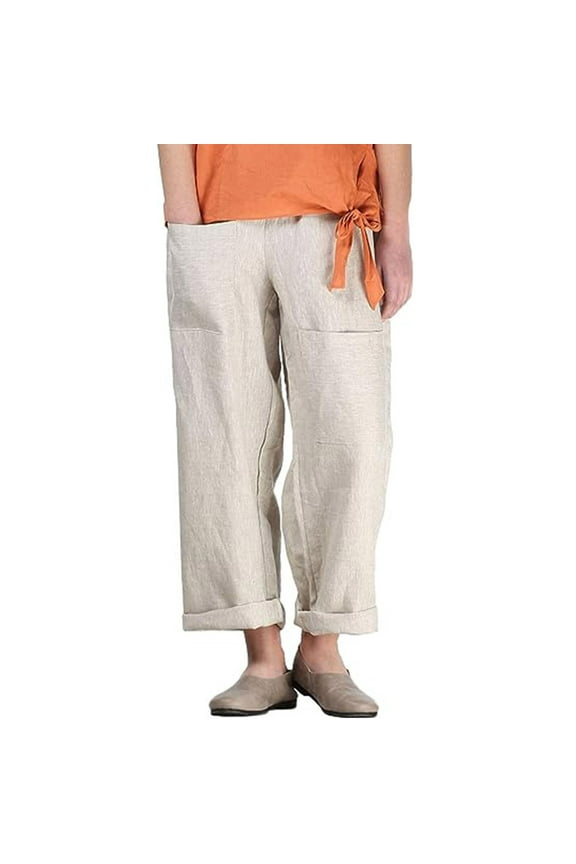 Women's Casual Cotton Linen Pant w/Unique Pockets Beige XXL