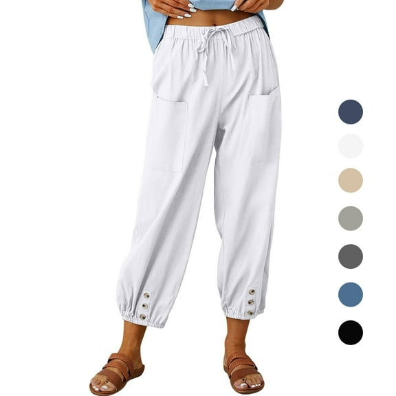 Women's Casual Cotton Linen Pants Ankle Length Drawstring Elastic Waist Solid Crop Trouser Pants with Pockets (S,White)