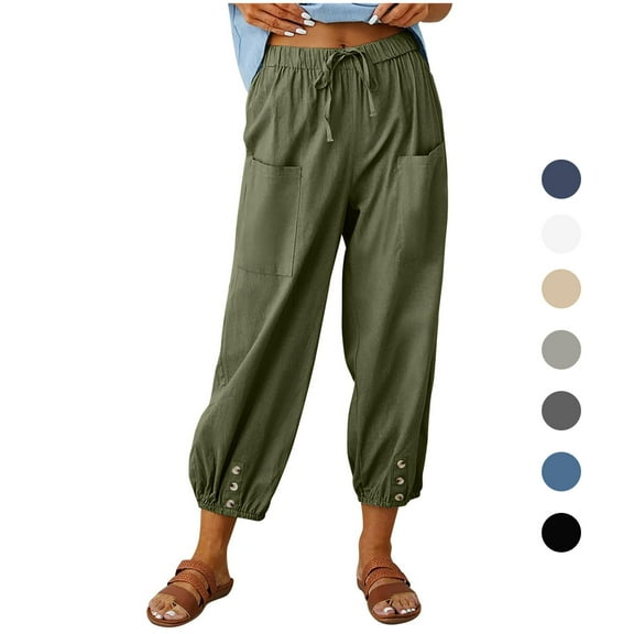 Women's Casual Cotton Linen Pants Ankle Length Drawstring Elastic Waist Solid Crop Trouser Pants with Pockets (XL,Army Green)
