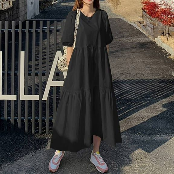 Women's Casual Cotton Linen Round Neck Long Dress with Pockets, Loose Fit Short Sleeve Midi Calf Length for Spring Summer Winter Daily Party Wear