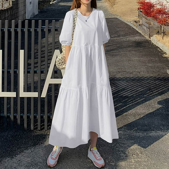 Women's Casual Cotton Linen Round Neck Long Dress with Pockets, Loose Fit Short Sleeve Midi Calf Length for Spring Summer Winter Daily Party Wear