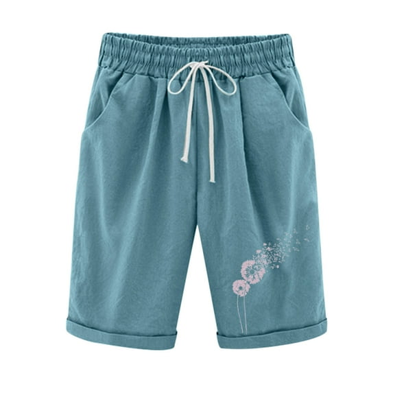 Women's Casual Cotton Linen Shorts Elastic Waist Drawstring Printed Summer Plus Size Knee Length Shorts with Pockets