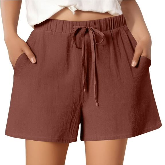 Women's Casual Cotton Linen Shorts, Solid Color Loose Fit Elastic Waist with Drawstring, Breathable Cropped Pants for Summer ,Light Brown S