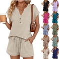 thumbnail image 1 of Women's Casual Cotton Linen Tracksuit Summer Short Sleeve Henley Top & High Waist Wide Leg Shorts Set Breathable Vacation Outfit 2026 Beige XXL, 1 of 7