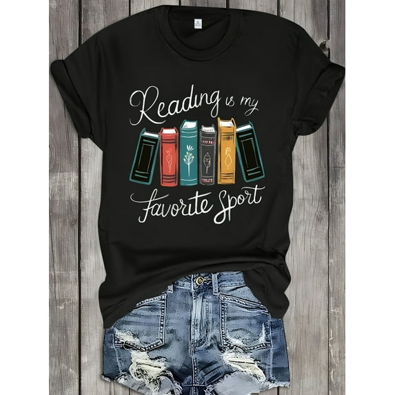 Women's Casual Cotton T-Shirt | Round Neck Short Sleeve | "Reading is My Favorite Sport" Book Print | Multi-Color Graphic Tee | Machine Washable | All-Season Comfort Fit Top, Ladies T-Shirts