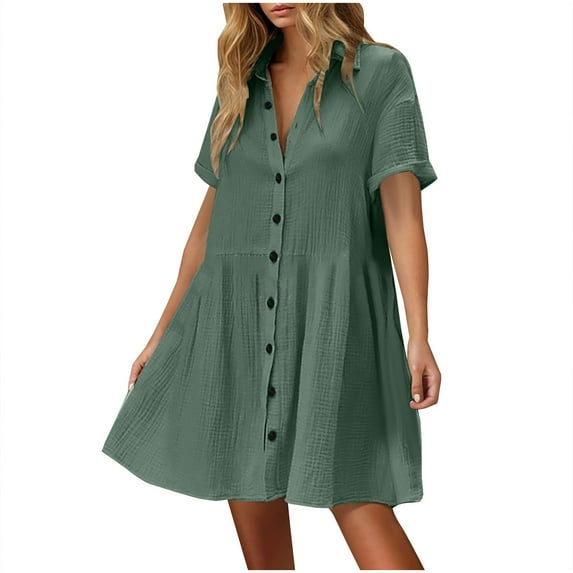 Women's Casual Cotton V Neck Button Down T-Shirt Dress Loose Fit Solid Color Short Sleeve Dresses Simple Comfy Tunic Dresses