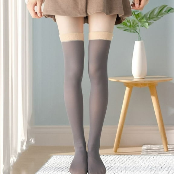 Women's Casual Crew Calf Socks, Fashion Women Fake Translucent Warm Fleece Pantyhose Solid Coffee New Socks for Women Ankle Low Style B-47 Gray One Size