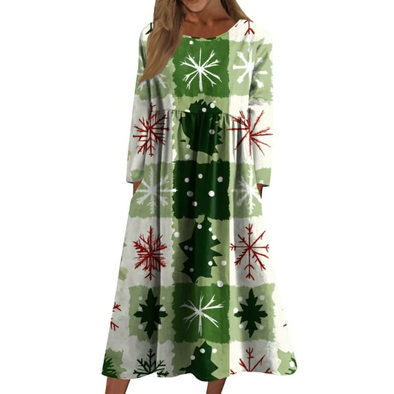 Women's Casual Crew Neck Christmas Print Mid-Length Dress with Pockets, Long Sleeve Holiday Party Dress with Festive Pattern, A-Line Swing Vintage Style,Army Green,Size L