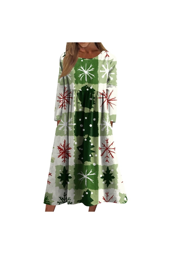 Women's Casual Crew Neck Christmas Print Mid-Length Dress with Pockets, Long Sleeve Holiday Party Dress with Festive Pattern, A-Line Swing Vintage Style,Army Green,Size L