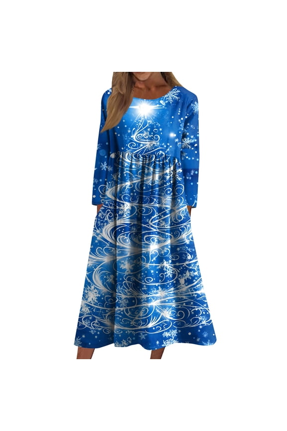 Women's Casual Crew Neck Christmas Print Mid-Length Dress with Pockets, Long Sleeve Holiday Party Dress with Festive Pattern, A-Line Swing Vintage Style,Blue,Size S