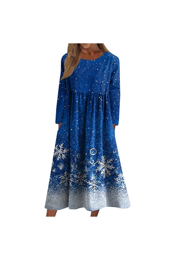 Women's Casual Crew Neck Christmas Print Mid-Length Dress with Pockets, Long Sleeve Holiday Party Dress with Festive Pattern, A-Line Swing Vintage Style,Dark Blue,Size M