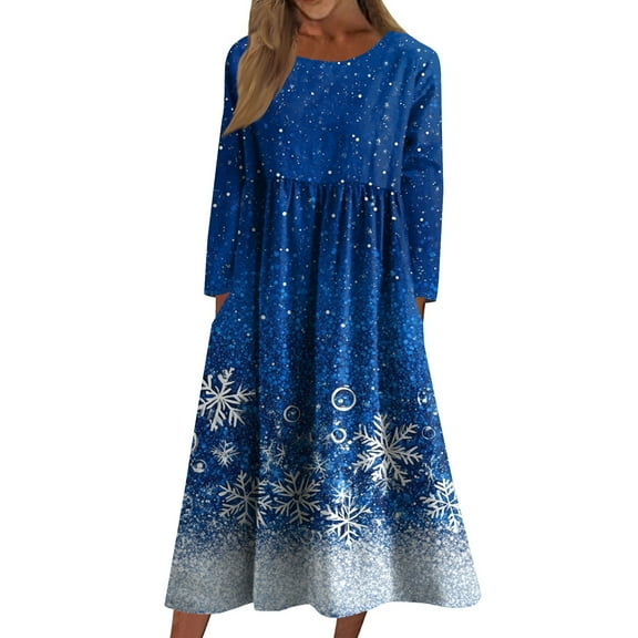 Women's Casual Crew Neck Christmas Print Mid-Length Dress with Pockets, Long Sleeve Holiday Party Dress with Festive Pattern, A-Line Swing Vintage Style,Dark Blue,Size XL