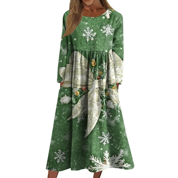 Women's Casual Crew Neck Christmas Print Mid-Length Dress with Pockets, Long Sleeve Holiday Party Dress with Festive Pattern, A-Line Swing Vintage Style,Green,Size XL