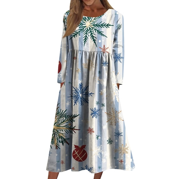 Women's Casual Crew Neck Christmas Print Mid-Length Dress with Pockets, Long Sleeve Holiday Party Dress with Festive Pattern, A-Line Swing Vintage Style,Light Blue,Size XL