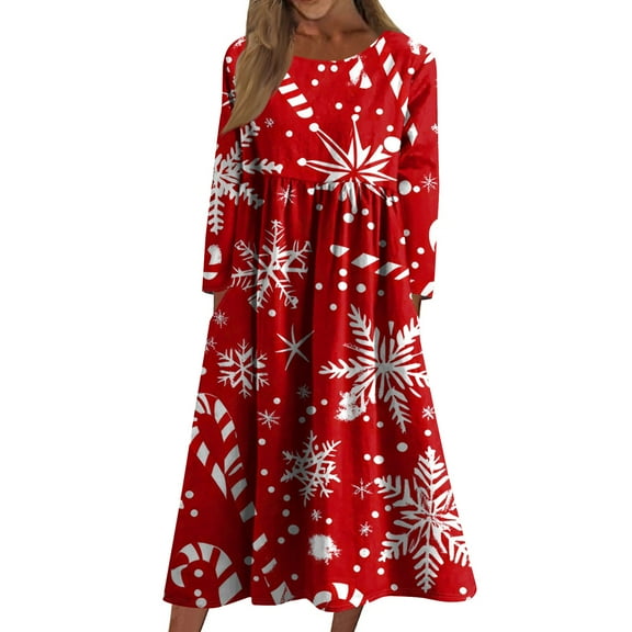 Women's Casual Crew Neck Christmas Print Mid-Length Dress with Pockets, Long Sleeve Holiday Party Dress with Festive Pattern, A-Line Swing Vintage Style,Red,Size XL
