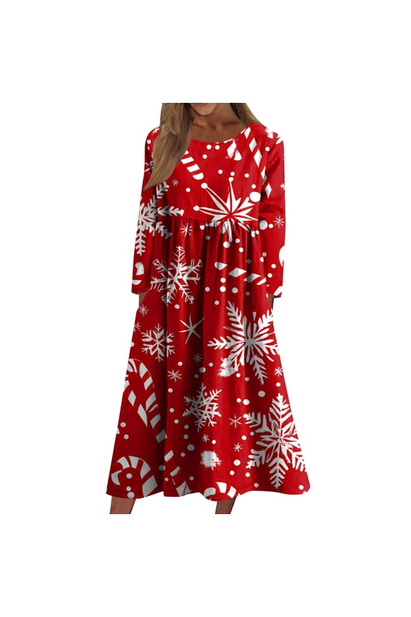 Women's Casual Crew Neck Christmas Print Mid-Length Dress with Pockets, Long Sleeve Holiday Party Dress with Festive Pattern, A-Line Swing Vintage Style,Red,Size XL