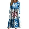 thumbnail image 1 of Women's Casual Crew Neck Christmas Print Mid-Length Dress with Pockets, Long Sleeve Holiday Party Dress with Festive Pattern, A-Line Swing Vintage Style,Sky Blue,Size M, 1 of 4
