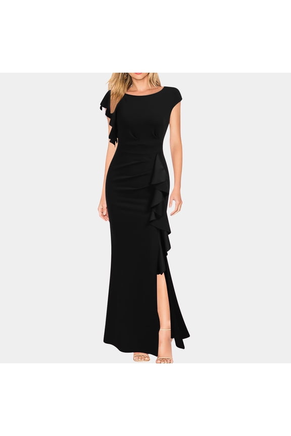 Women's Casual Crew Neck Dresses Ruffle Trim Split Hem Dress Solid Wrap Waist Slim Fit Party Dress Prom Dresses for Women Formal Gowns And Evening Dresses Women Long Gowns for Party Formal Midi Dress