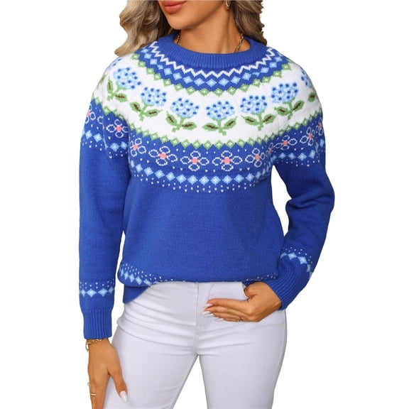 Women's Casual Crew Neck Ribbed Sweater Pullover Fall Long Sleeve Print Fair Sweater Top Casual Loose Sweater Blue M