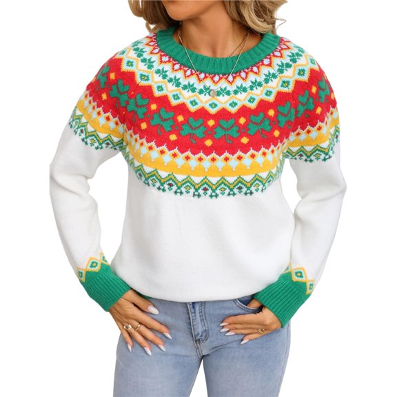 Women's Casual Crew Neck Ribbed Sweater Pullover Fall Long Sleeve Print Fair Sweater Top Casual Loose Sweater White M