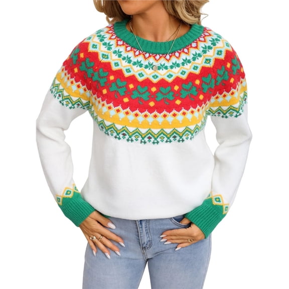 Women's Casual Crew Neck Ribbed Sweater Pullover Fall Long Sleeve Print Fair Sweater Top Casual Loose Sweater White S