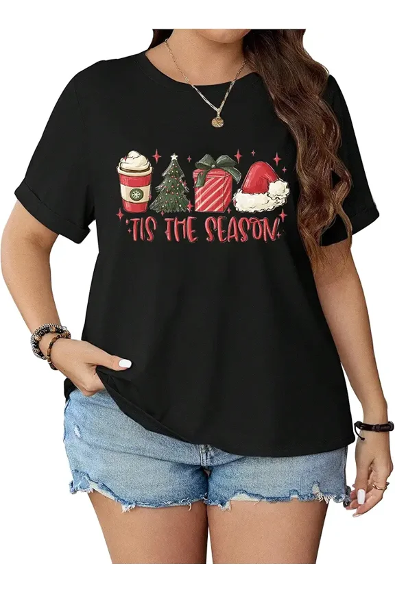 Women's Casual Crew Neck Short Sleeve Fall Tops Holiday Shirts Tis The Season Graphic T-Shirts