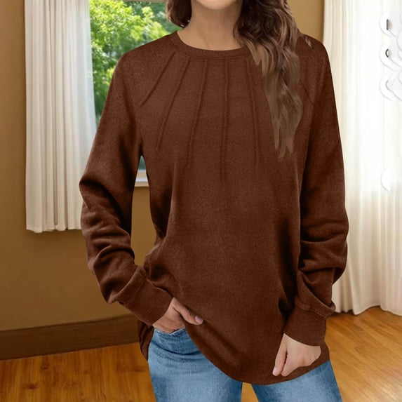 Women's Casual Crew Neck Sweatshirt Loose Soft Long Sleeve Pullover Tops Chest Pleated Velvet Top Coffee L
