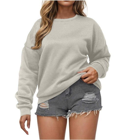 Women's Casual Crew Neck Sweatshirt Loose Soft Long Sleeve Sweatshirts Solid Color Comfortable Outdoor Pullover Tops Gray XXL