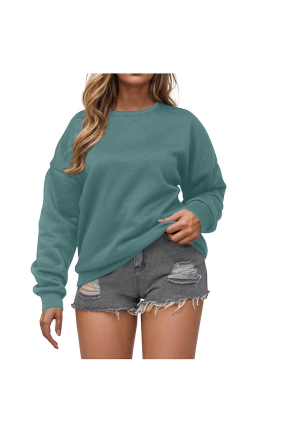 Women's Casual Crew Neck Sweatshirt Loose Soft Long Sleeve Sweatshirts Solid Color Comfortable Outdoor Pullover Tops Green S