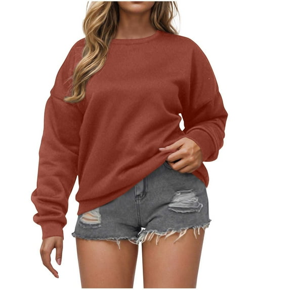 Women's Casual Crew Neck Sweatshirt Loose Soft Long Sleeve Sweatshirts Solid Color Comfortable Outdoor Pullover Tops Red S