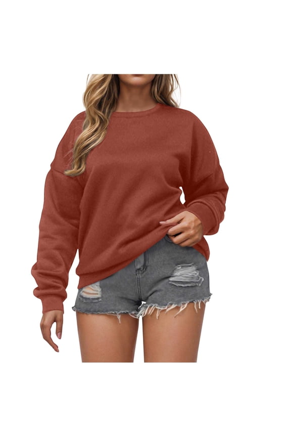 Women's Casual Crew Neck Sweatshirt Loose Soft Long Sleeve Sweatshirts Solid Color Comfortable Outdoor Pullover Tops Red S