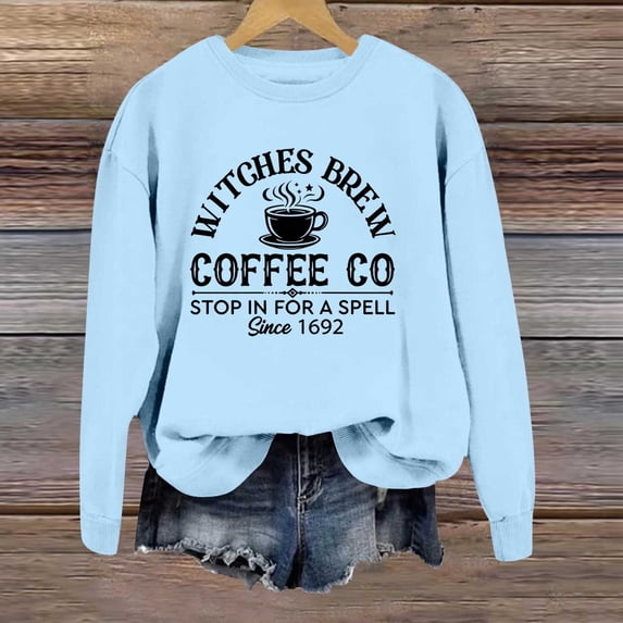 Women's Casual Crew Neck Sweatshirt Vintage Halloween Coffee Cup Witch Graphic Long Sleeve Pullover Streetwear Top Fall Spring Outfits Light Blue S