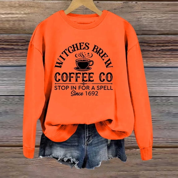 Women's Casual Crew Neck Sweatshirt Vintage Halloween Coffee Cup Witch Graphic Long Sleeve Pullover Streetwear Top Fall Spring Outfits Orange S