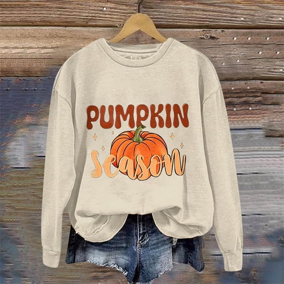 Women's Casual Crew Neck Sweatshirt Vintage Halloween Pumpkin Season Letter Graphic Streetwear Loose Pullover Tops Beige L