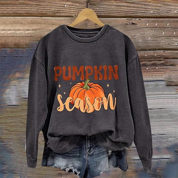 Women's Casual Crew Neck Sweatshirt Vintage Halloween Pumpkin Season Letter Graphic Streetwear Loose Pullover Tops Dark Gray S