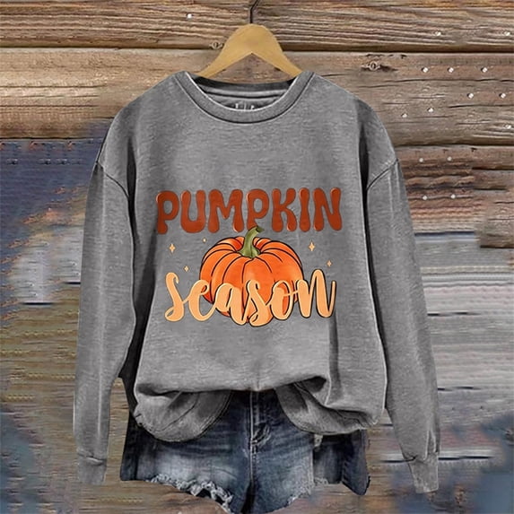Women's Casual Crew Neck Sweatshirt Vintage Halloween Pumpkin Season Letter Graphic Streetwear Loose Pullover Tops Light Gray S