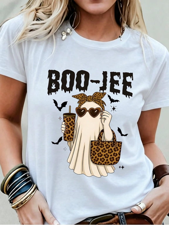 Women's Casual Crew Neck T-Shirt Boo-Jee Leopard Print Printed T-Shirt,