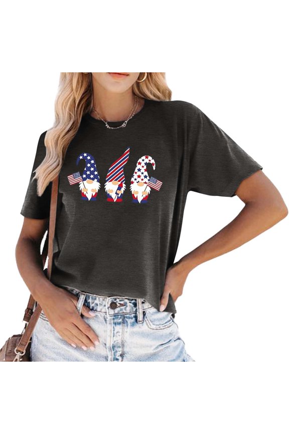 Women's Casual Crew Neck T Shirt Solid Color With Flag Print Doll Graphic Short Sleeve Top Active Shirt Woman Women's Layering Tees Short Sleeve Shirts for Woman Women Technical Pants Stretch Shirts